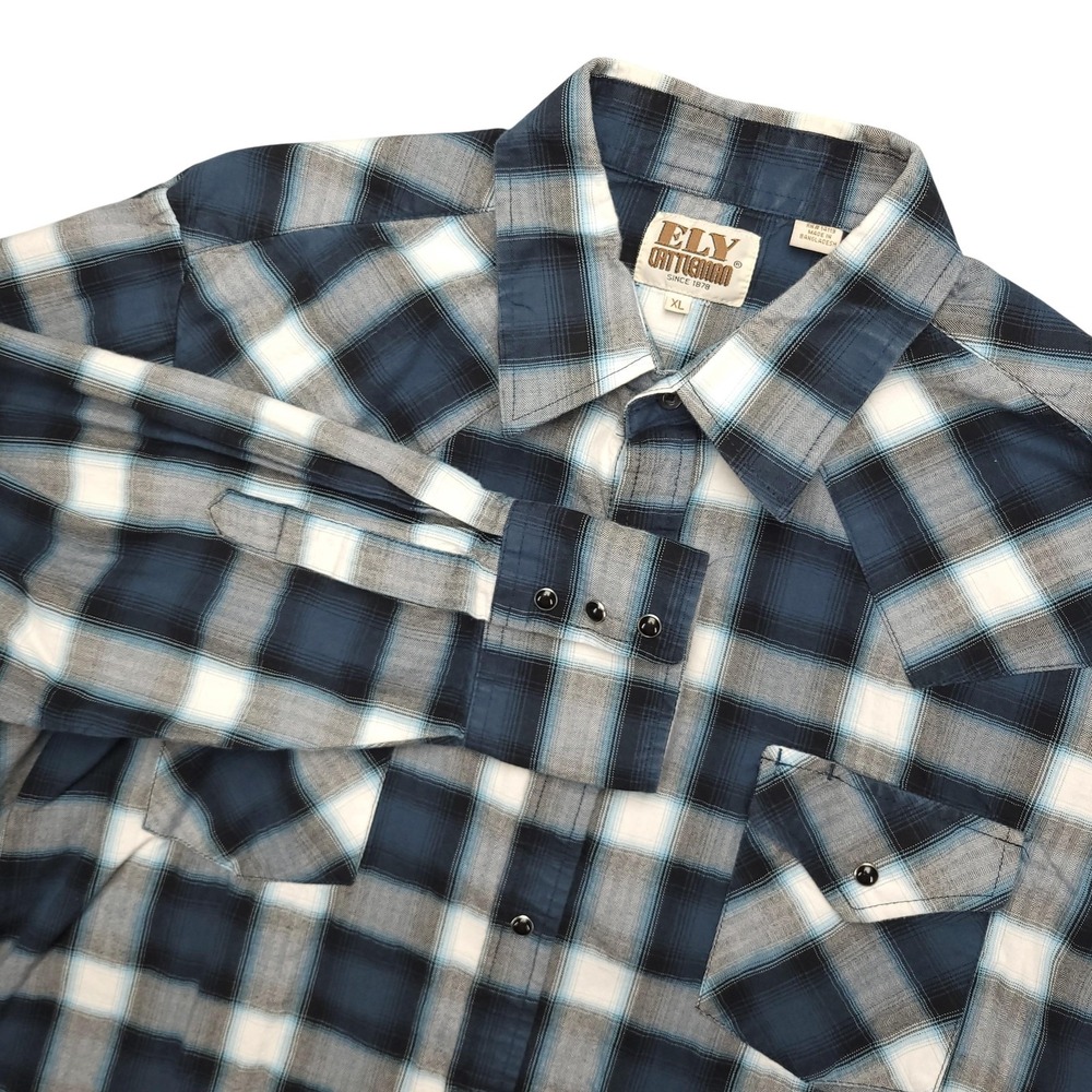 Ely Cattleman Shirt Mens XL Blue Plaid Western Pearl Snap Long Sleeve Cowboy